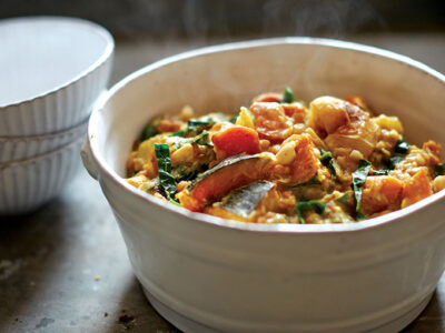 Roasted Autumn Vegetable Cannellini Bean Stew with Spelt Berries and Kale by Amy Chaplin