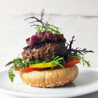 Smoked Cheddar Stuffed Aberdeen Angus Beef Burgers with Caramelized Red Onions