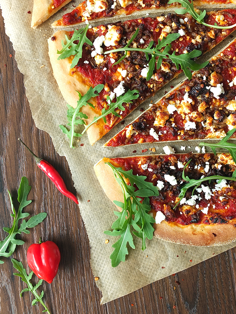 Spicy Lamb Pizza with Feta, Rocket & Yogurt Drizzle  Elizabeth's Kitchen Diary